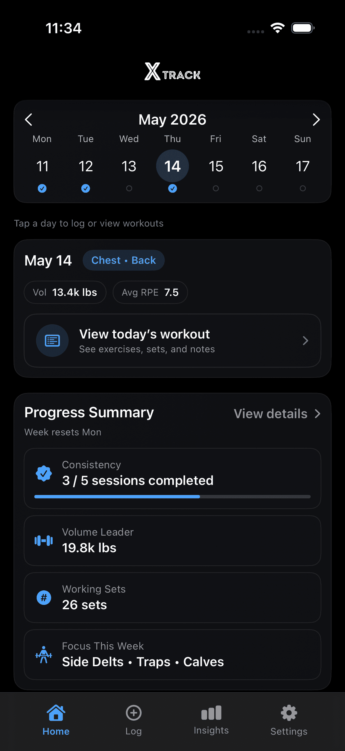xTrack home screen showing weekly training state and progress