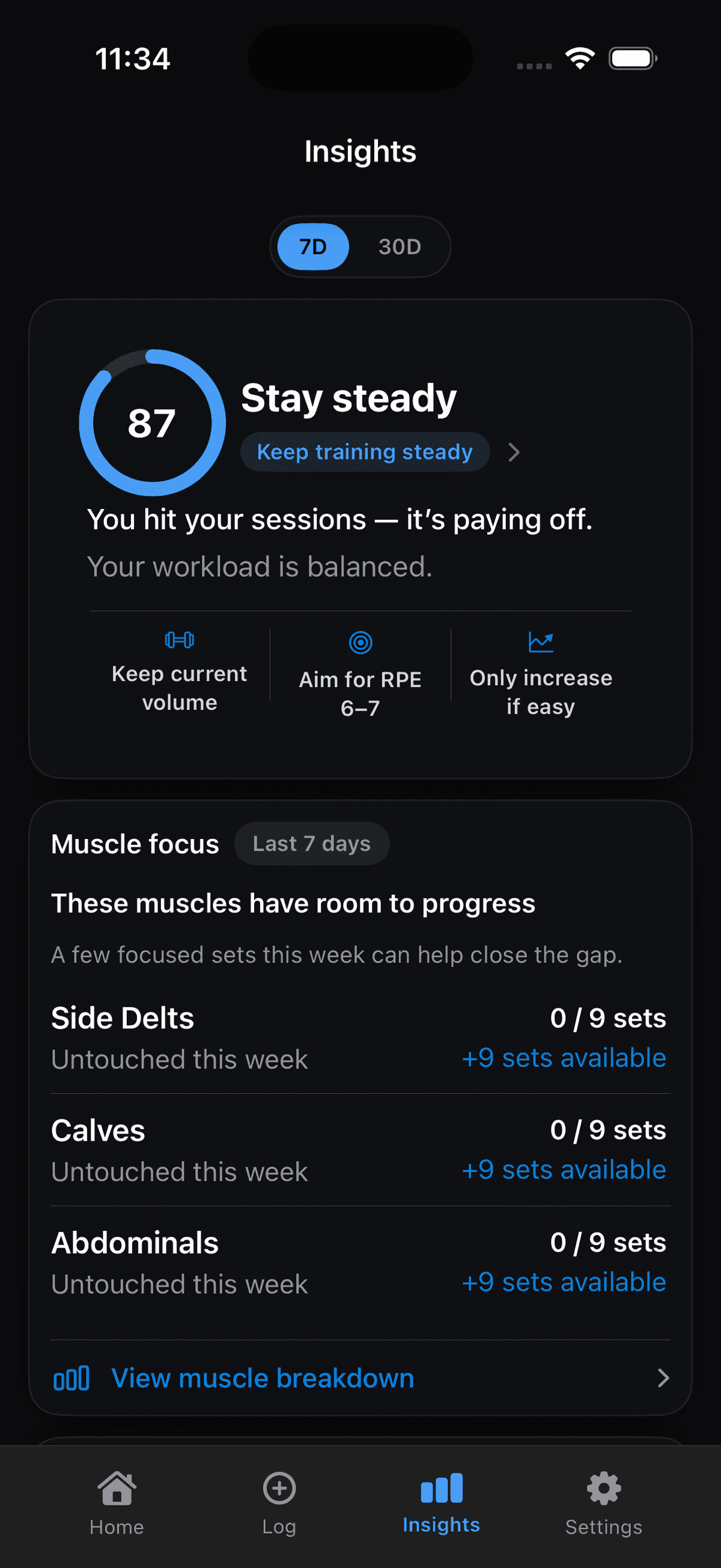 xTrack insights screen showing guidance, muscle focus, and workload state