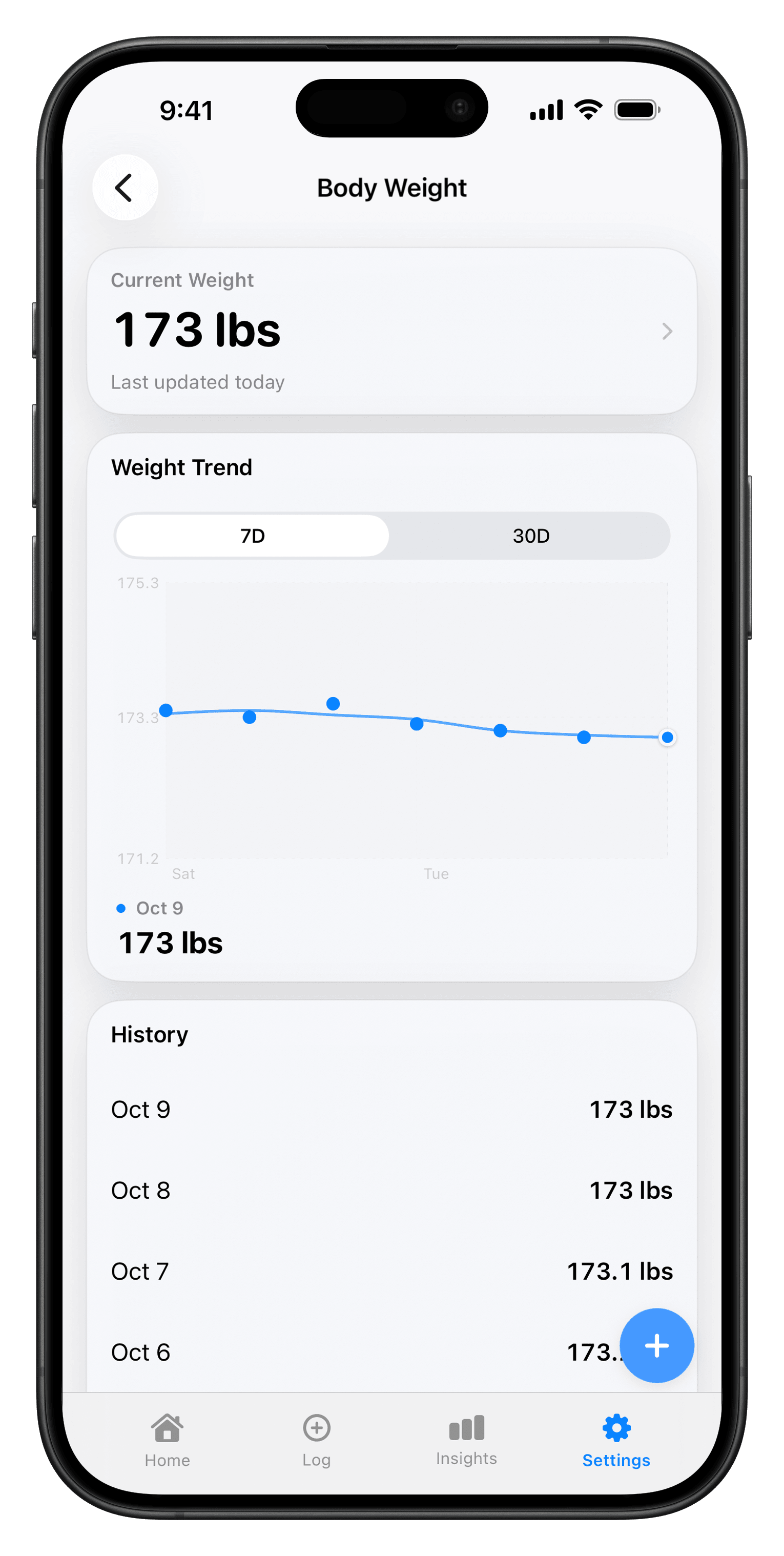 xTrack Body Weight showing current weight, a seven-day weight trend, and recent history.