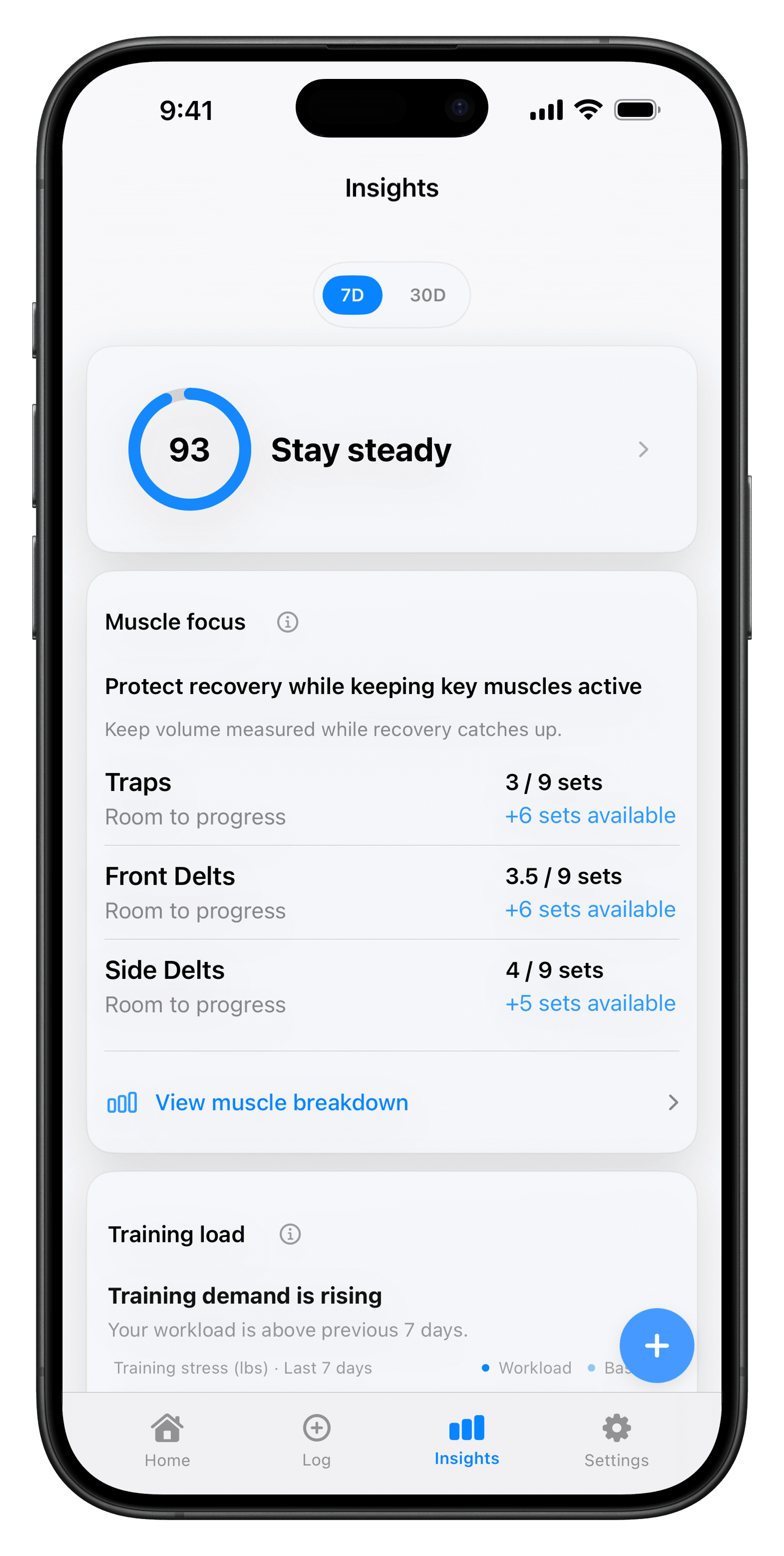 xTrack Insights showing a score of 93, a stay-steady recommendation, muscle focus, and rising training demand.