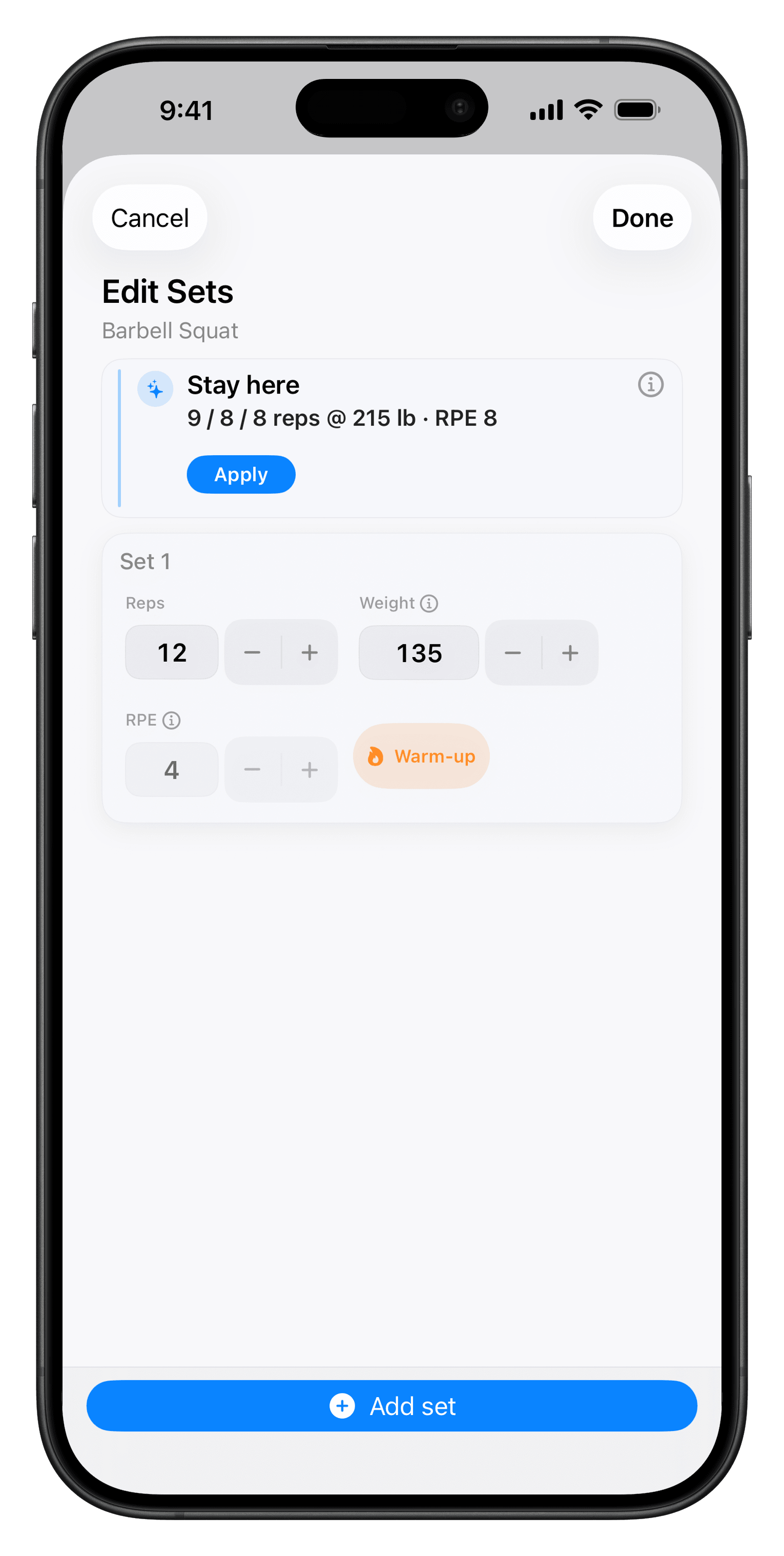 xTrack Edit Sets showing a stay-here recommendation for Barbell Squat, an Apply button, and an editable warm-up set.