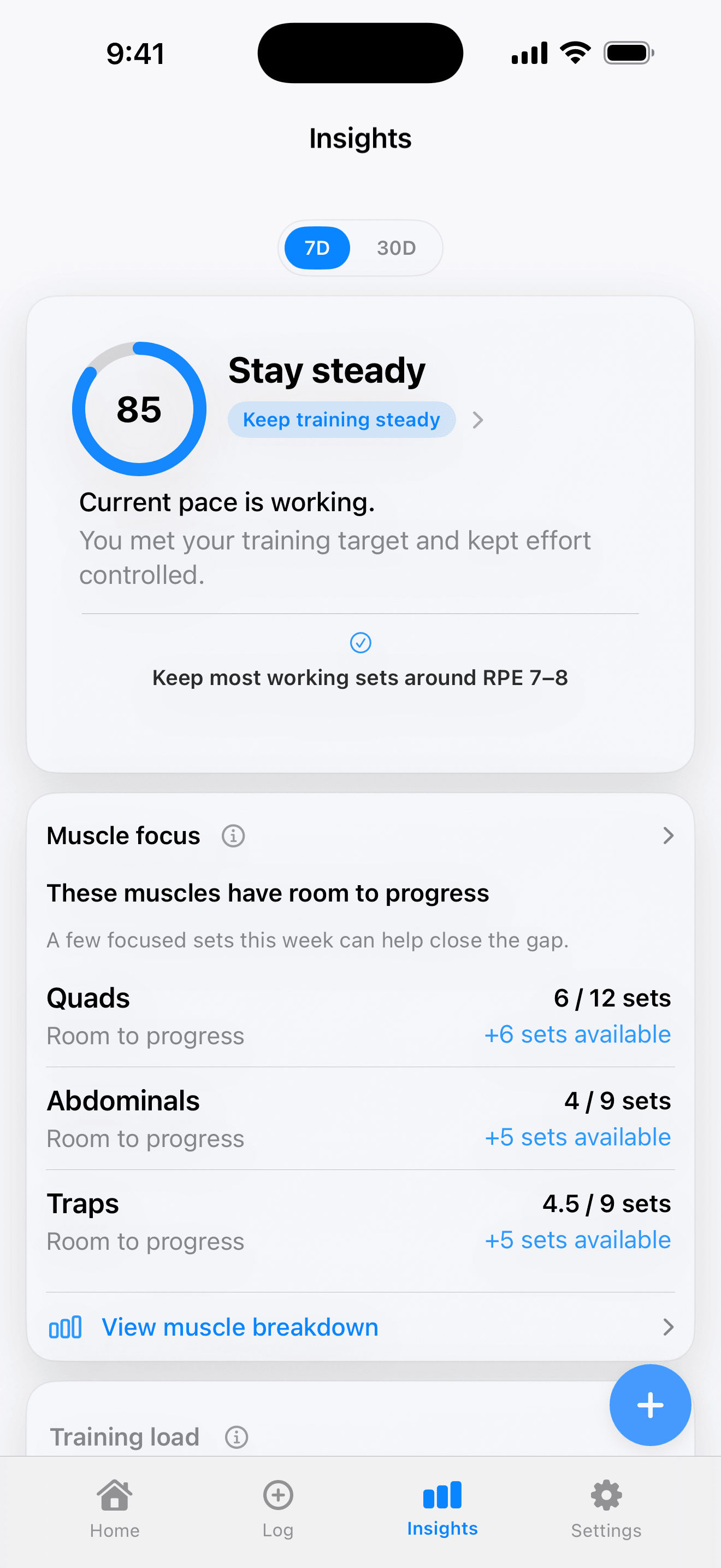 xTrack Insights showing a stay-steady recommendation to reduce training strain and aim for RPE 6–7.