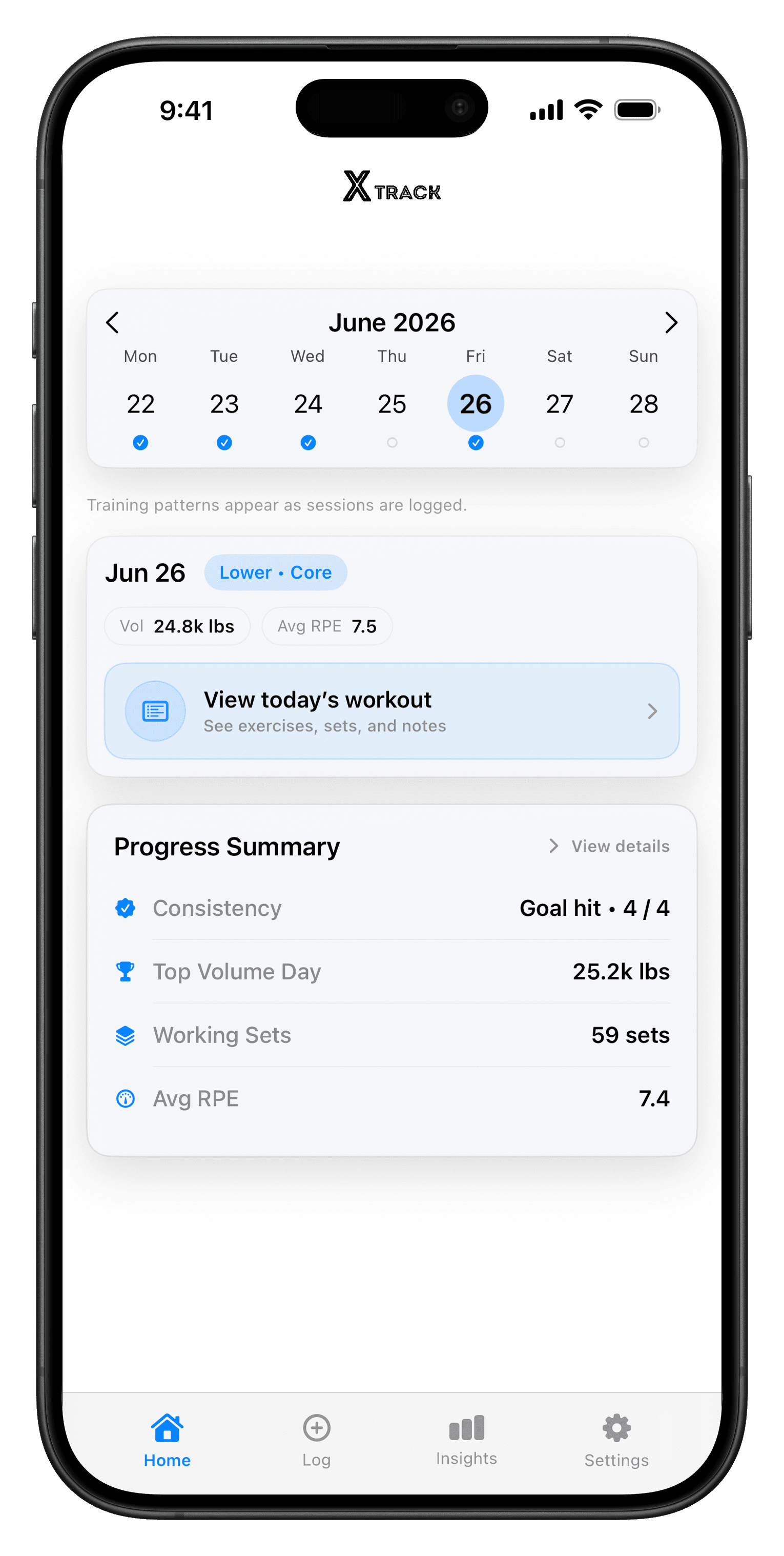 xTrack home screen showing weekly state and momentum