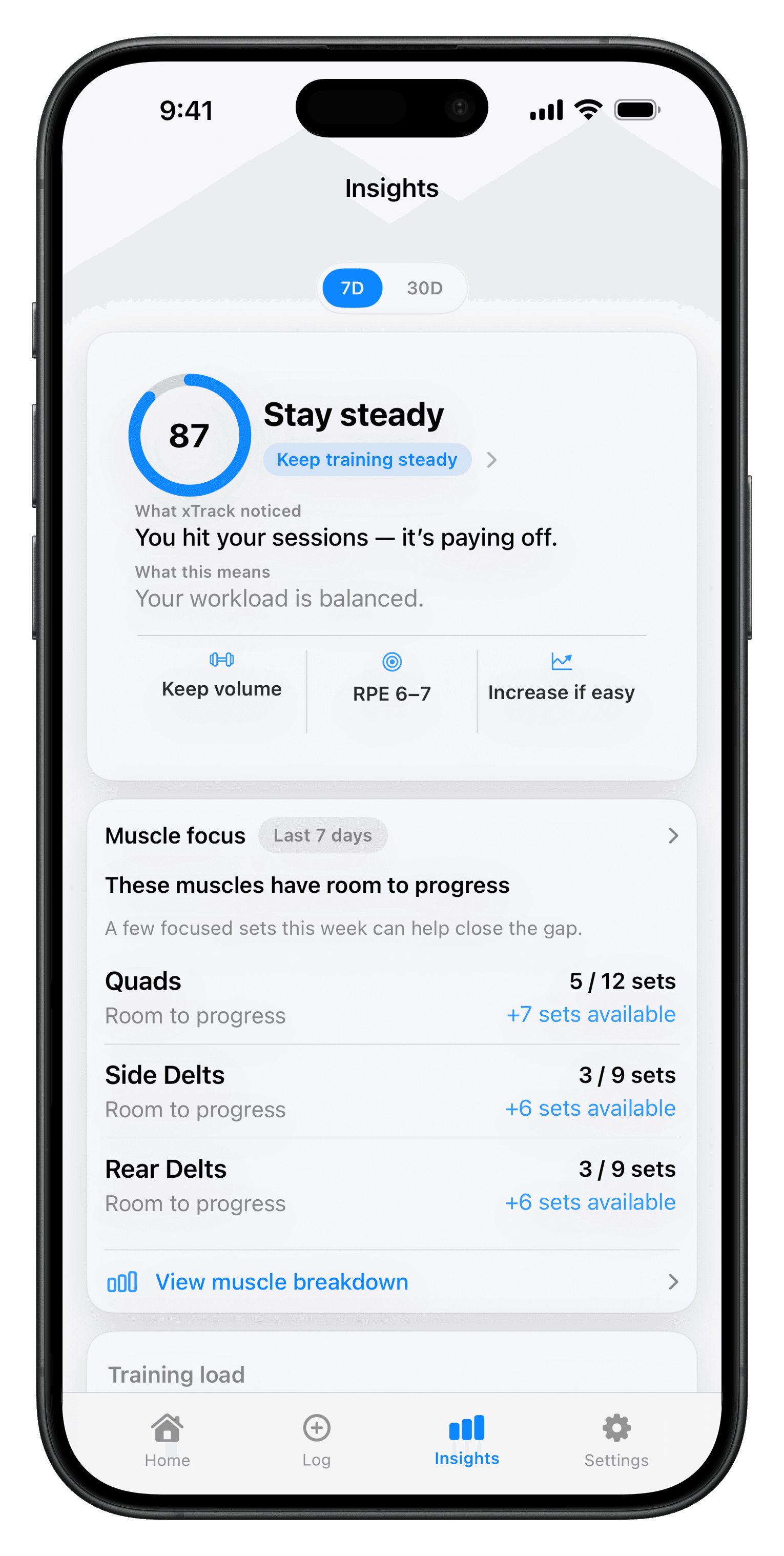 xTrack insights screen showing guidance, muscle focus, and workload state